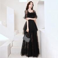 Polyester Short Evening Dress see through look  & breathable embroider Solid black PC
