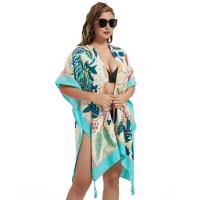 Polyester Tassels Swimming Cover Ups can be use as shawl & sun protection & loose printed leaf pattern green PC