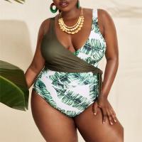 Polyester Plus Size One-piece Swimsuit flexible & deep V & skinny style printed leaf pattern green PC