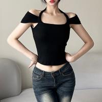 Polyester Slim Women Short Sleeve Blouses midriff-baring black PC