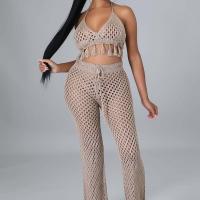 Spandex Tassels Women Casual Set midriff-baring & two piece & hollow Long Trousers & top Solid Set