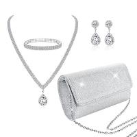 Nylon Evening Party Clutch Bag four piece & with rhinestone Solid silver Set