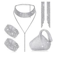Nylon Evening Party Clutch Bag five piece & with rhinestone Solid silver Set