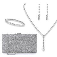 Polyester Clutch Bag with chain & four piece & with rhinestone Solid silver Set