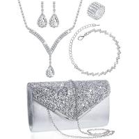Polyester Clutch Bag with chain & five piece & with rhinestone Solid silver Set