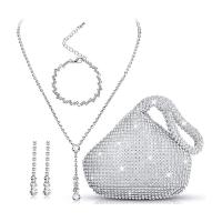 Polyester Clutch Bag four piece & with rhinestone Solid silver Set