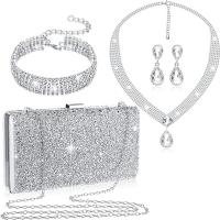 Nylon Clutch Bag with chain & four piece & with rhinestone Solid silver Set