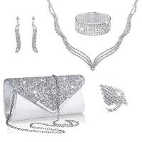 PU Leather Easy Matching Clutch Bag five piece & with rhinestone Solid silver Set
