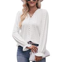 Polyester Women Long Sleeve T-shirt & loose & hollow & breathable jacquard Solid PC