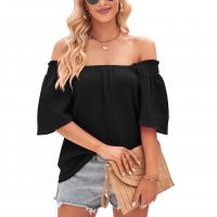 Polyester Women Short Sleeve T-Shirts & off shoulder & loose & breathable stretchable Solid PC