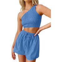 Cotton Crop Top Women Casual Set & two piece & One Shoulder stretchable Solid Set