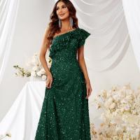 Sequin & Polyester scallop & Slim & floor-length Long Evening Dress & One Shoulder Solid green PC