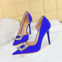 Silk & PU Leather Stiletto High-Heeled Shoes pointed toe & with rhinestone Pair