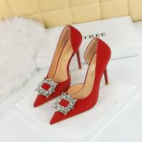 Silk & PU Leather Stiletto High-Heeled Shoes pointed toe & with rhinestone Pair