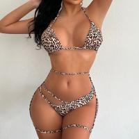 Polyester Bikini backless & two piece stretchable leopard brown Set