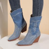 Cloth & PU Leather Boots & with rhinestone blue Pair