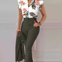 Polyester Women Casual Set slimming & with belt Long Trousers & short sleeve blouses & belt printed Set
