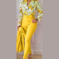 Polyester Women Casual Set slimming & with belt Long Trousers & long sleeve shirt printed Set