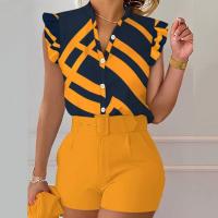 Spandex scallop Women Casual Set slimming short & short sleeve blouses & belt printed Set
