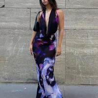 Polyester High Waist Sexy Package Hip Dresses deep V & backless printed purple PC