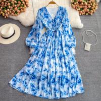Polyester Waist-controlled One-piece Dress large hem design & deep V blue : PC