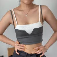 Polyester Crop Top Camisole & fake two piece patchwork Solid gray :L PC