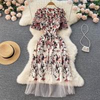 Gauze & Polyester Waist-controlled One-piece Dress embroidered PC