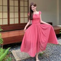 Polyester Waist-controlled One-piece Dress double layer & breathable Solid fuchsia PC