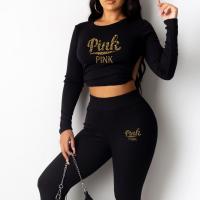 Polyester Women Casual Set & two piece Pants & top printed letter Set