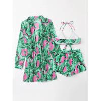 Polyester & Cotton Bikini & three piece & padded printed leaf pattern green Set