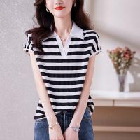 Mixed Fabric & Polyester Women Short Sleeve T-Shirts & loose printed striped white and black PC