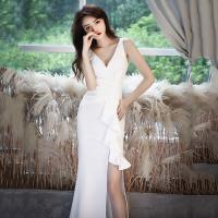 Polyester Plus Size Long Evening Dress side slit patchwork Solid white PC