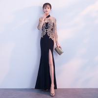 Polyester Plus Size Long Evening Dress side slit Polyester patchwork Solid PC