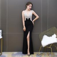Polyester Plus Size Long Evening Dress side slit & backless Polyester patchwork Solid black PC