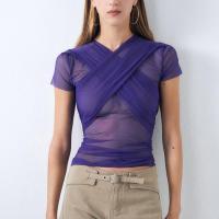 Polyester Lace Up Women Short Sleeve T-Shirts see through look patchwork Solid purple PC