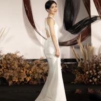 Polyester Waist-controlled & Slim & High Waist Long Evening Dress backless & off shoulder patchwork Solid white PC