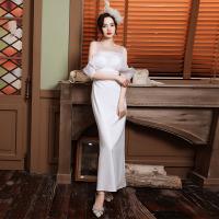 Polyester Waist-controlled & Slim & High Waist Long Evening Dress see through look & backless & off shoulder & hollow patchwork Solid white PC