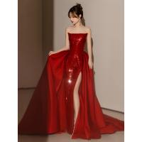 Polyester Waist-controlled & Slim & High Waist Bridal Evening Dress side slit & backless & off shoulder patchwork Solid wine red PC
