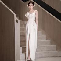 Polyester Waist-controlled & Slim & front slit & High Waist Long Evening Dress backless & off shoulder patchwork Solid white PC