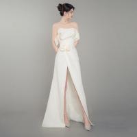 Polyester Slim & front slit Long Evening Dress & off shoulder patchwork Solid white PC
