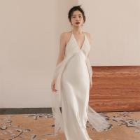 Polyester Waist-controlled & Slim Long Evening Dress deep V & backless patchwork Solid white PC