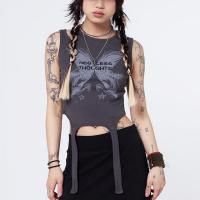 Polyester Tank Top midriff-baring & irregular patchwork butterfly pattern gray PC