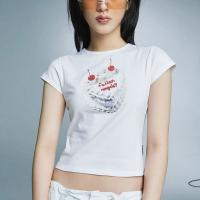 Polyester Slim Women Short Sleeve Blouses midriff-baring printed white PC