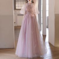 Polyester High Waist Long Evening Dress pink PC
