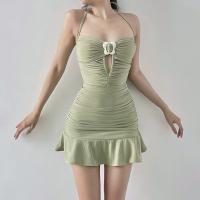 Spandex Slim & High Waist Sexy Package Hip Dresses Solid green PC