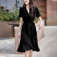 Polyester Waist-controlled One-piece Dress slimming & deep V patchwork Solid black PC