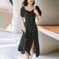 Polyester front slit One-piece Dress slimming patchwork shivering black PC