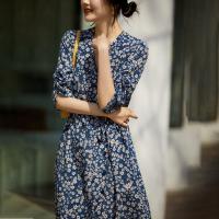 Polyester Waist-controlled One-piece Dress deep V patchwork shivering blue PC