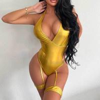 Polyester One-piece Swimsuit deep V & backless & skinny style Solid gold PC