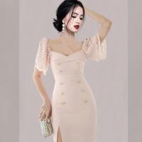 Polyester Waist-controlled Sexy Package Hip Dresses side slit & breathable Solid pink PC